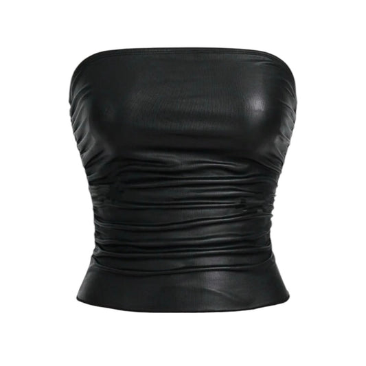 Pleated strapless top - faux leather