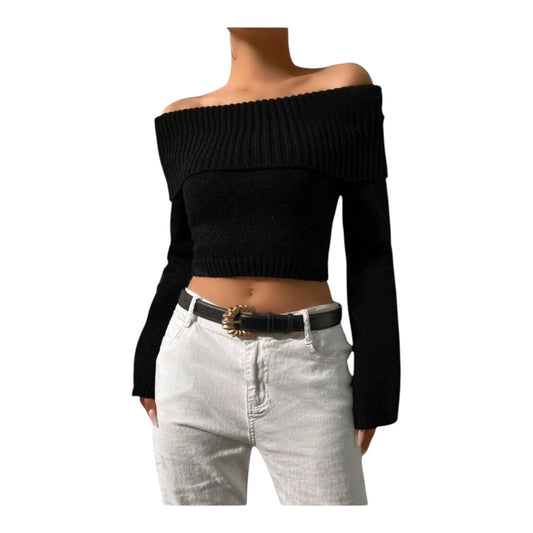 Foldover off shoulder crop sweater